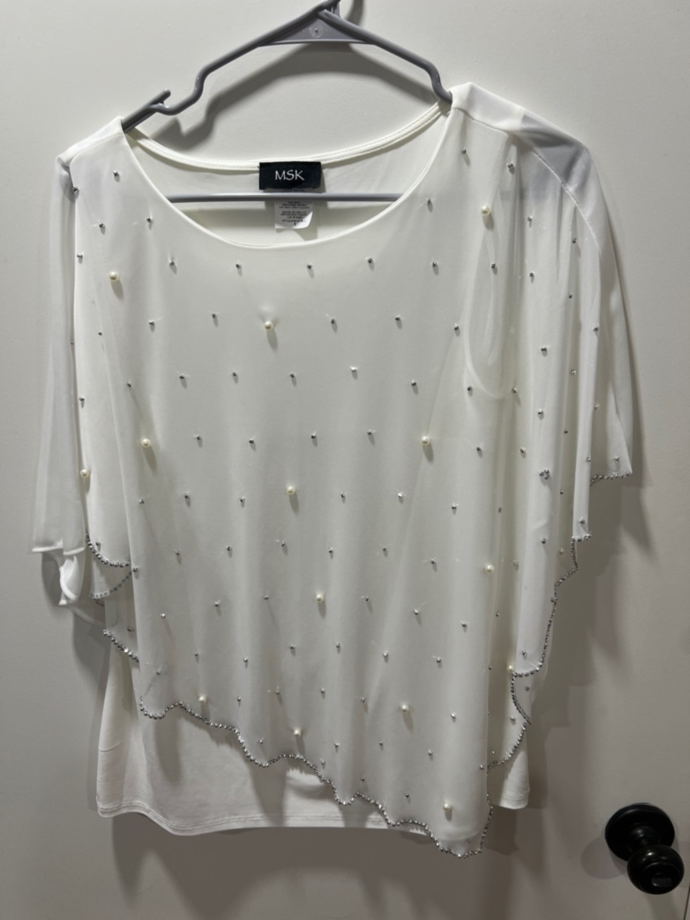 MSK Ivory Pearl & Rhinestone Chiffon Overlay Top
